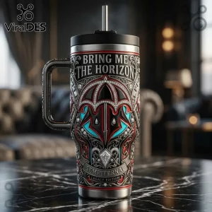 Bring Me The Horizon Sempiternal metal tumbler featuring an ornate umbrella crest, red and teal accents, and a steel straw.!