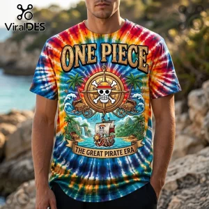 One Piece anime t-shirt with tie-dye pattern, featuring a skull and crossbones emblem, pirate ship, and tropical scenery.!