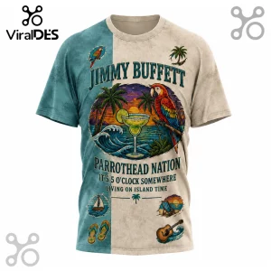 Jimmy Buffett Parrothead Nation t-shirt with tropical margarita, macaw, and ocean sunset print on beige and teal fabric.!