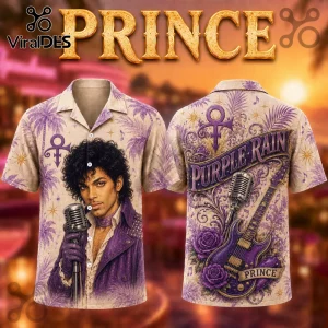 Button-up shirt featuring Prince, a microphone, and Purple Rain graphic on a tan background with purple palm leaf patterns.!