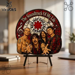 Round Red Hot Chili Peppers stained glass art piece featuring the band members, red accents, and text on a desk easel.!