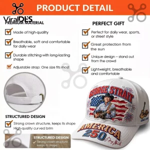 White baseball cap featuring George Strait with a guitar, American flag, fireworks, and America 250 text with signature.!