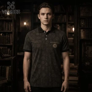 Man wearing a charcoal polo shirt with Supernatural occult symbols and Anti-Possession logo in a dark library setting.!