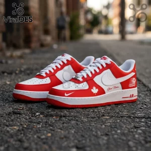Custom red and white sneakers featuring a Canadian maple leaf graphic, Toronto Tempo text, and white laces on asphalt.!