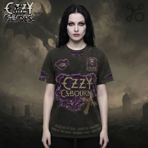 Ozzy Osbourne graphic t-shirt in distressed black cotton with purple accents, bat motif, cross, and album titles on hem.!