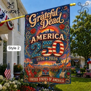 Grateful Dead America 250 garden flag featuring patriotic art, roses, electric guitars, and a van on a suburban porch.!