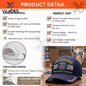 Navy blue Paris Saint-Germain baseball cap with gold Champions League 2026 embroidery and an adjustable strap back.!