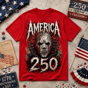 Red graphic t-shirt featuring a metal hockey mask, chains, the text AMERICA 250, and stylized blood splatter effects.!