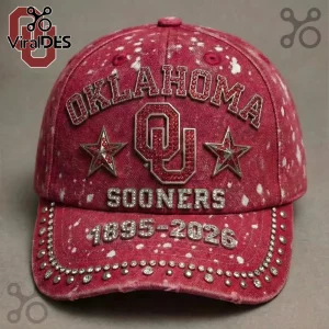 Oklahoma Sooners baseball cap in distressed crimson denim with rhinestone OU logo, stars, and 1895-2026 lettering.!