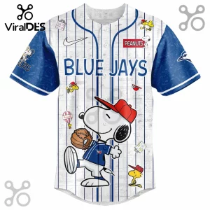 Toronto Blue Jays baseball jersey with pinstripes featuring Snoopy wearing a red cap and holding a baseball glove.!