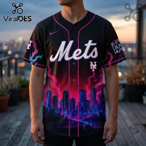 New York Mets baseball jersey featuring neon city skyline graphics, pink flame accents, and white text on a black fabric.!