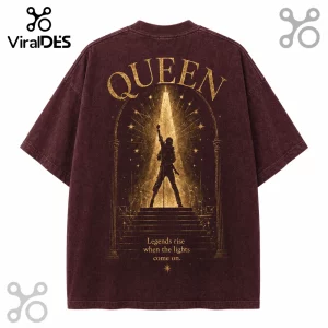 Maroon heavyweight cotton t-shirt with gold graphic of Freddie Mercury on stage under a spotlight with text QUEEN.!
