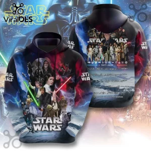 Star Wars commemorative hoodie with front character collage and back featuring cast signatures and 1977-2027 timeline text.!