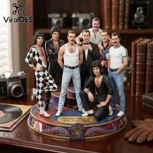 Freddie Mercury 80th Anniversary multi-figure statue on a circular base with Queen branding and various stage costumes.!