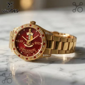 Gold-tone Kappa Alpha Psi watch with red dial, diamond-studded bezel, red crystal accents, and Greek letters on face.!