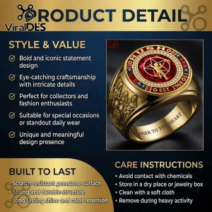 Gold Rush band ring featuring a central red star emblem, band members in relief, and Closer To The Heart engraving.!