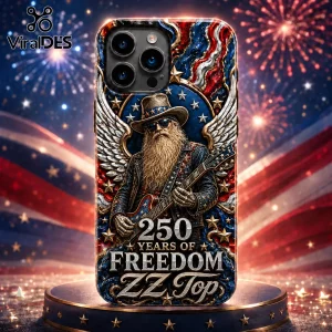 iPhone case featuring a bearded guitarist with angel wings, American flag motif, and 250 Years of Freedom ZZ Top text.!