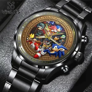 Sonic the Hedgehog 35th anniversary black stainless steel wrist watch with multi-character dial and gold accents.!