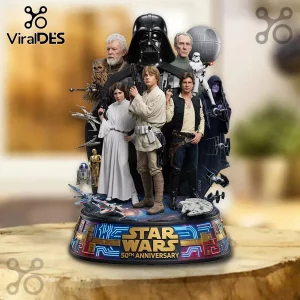 Star Wars 50th Anniversary collectible display featuring Darth Vader, Luke Skywalker, Leia, Han Solo, and iconic starships.!