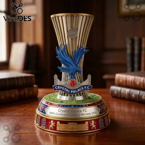 Crystal Palace FC UEFA Conference League trophy replica with blue eagle emblem on a detailed tiered metallic base.!
