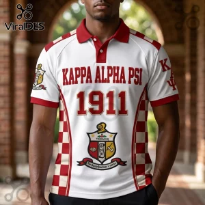Kappa Alpha Psi polo shirt in white and red with 1911 text, fraternity crest, and checkered side panels.!