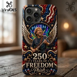 Phish iPhone case featuring Trey Anastasio, eagle wings, stars, and 250 Years of Freedom text on red, white, and blue background.!