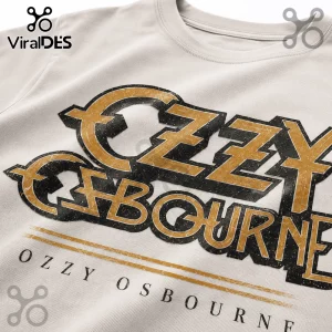 Cream colored cotton t-shirt featuring a distressed gold and black Ozzy Osbourne band logo graphic.!