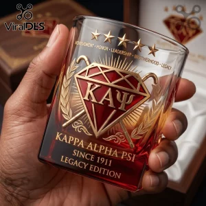Kappa Alpha Psi whiskey glass featuring a red diamond logo, five gold stars, and text reading KAPPA ALPHA PSI SINCE 1911.!