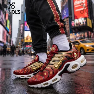 Kappa Alpha Psi branded Nike Air Max sneakers in red, gold, and white with a Greek crest on the heel in Times Square.!