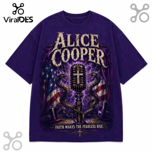 Purple cotton t-shirt with Alice Cooper graphic, central vintage microphone, two snakes, American flag, and top hats.!