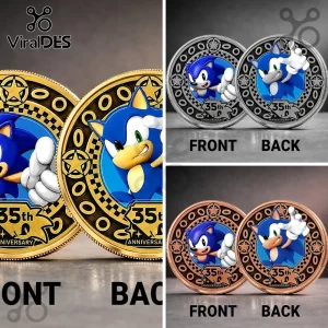 Sonic the Hedgehog 35th anniversary commemorative coins in gold, silver, and copper finishes with embossed character detail.!