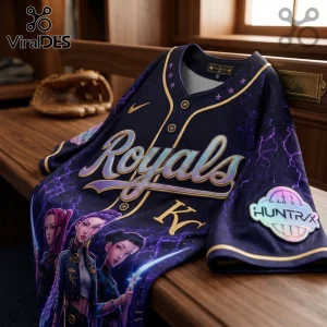 Kansas City Royals baseball jersey in navy with purple lightning patterns, anime characters, gold trim, and Huntrax patch.!