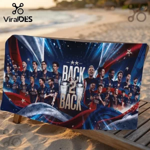 Soccer team beach towel featuring Paris Saint-Germain players, Back 2 Back text, and Champions League trophy graphics.!
