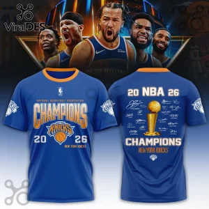 New York Knicks 2026 Champions blue t-shirt with orange trim, player signatures, and Larry O'Brien trophy graphic.!