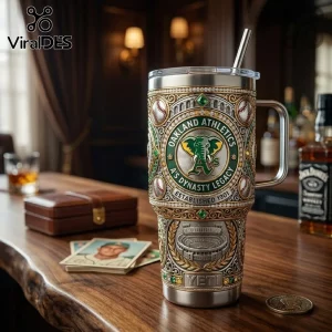 Oakland Athletics stainless steel tumbler with elephant logo, baseball patterns, stadium relief, and green gemstone accents.!