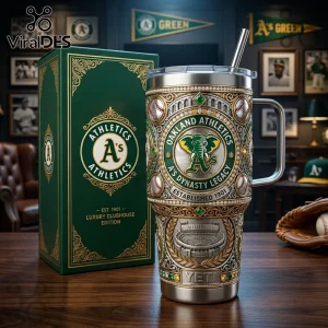 Oakland Athletics stainless steel tumbler with gold accents, baseball relief, stadium engraving, and green team logo.!