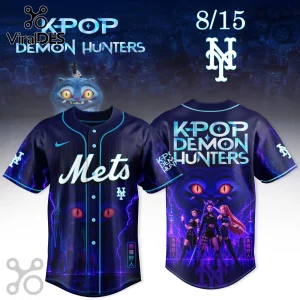 New York Mets baseball jersey featuring dark blue city skyline, purple lightning, and K-pop Demon Hunters graphic print.!
