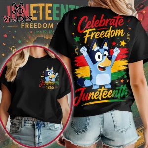 Black cotton t-shirt featuring Bluey cartoon character, red-yellow-green stripes, and Juneteenth 1865 text graphics.!