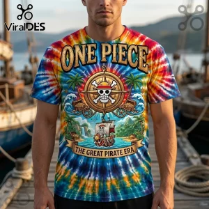 One Piece tie-dye t-shirt featuring a pirate skull emblem, tropical island scene, and The Great Pirate Era text.!