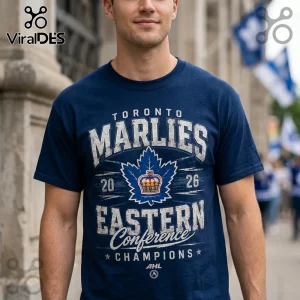 Man wearing a navy Toronto Marlies Eastern Conference Champions T-shirt with a blue maple leaf and crown graphic.!