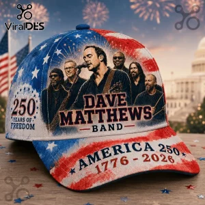 Dave Matthews Band baseball cap with red, white, and blue American flag print, 250 Years of Freedom, and 1776-2026 text.!