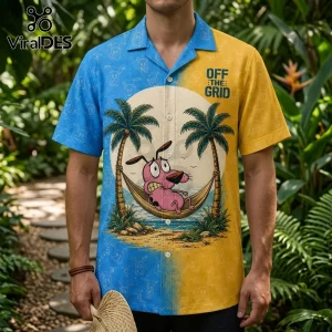 Courage the Cowardly Dog button-down shirt with blue and yellow split design, featuring Courage in a hammock, palms, text.!