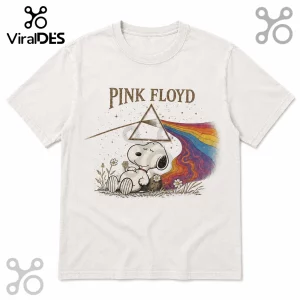 Off-white cotton t-shirt featuring Snoopy napping under a Dark Side of the Moon prism with a rainbow light spectrum.!