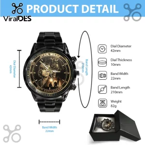 Black Star Wars 50th anniversary analog watch featuring Luke Skywalker and Darth Vader on the dial with dimensions.!