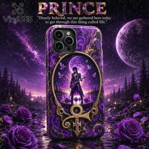Prince themed phone case with purple marble texture, gold symbol emblem, and a guitarist silhouette against a full moon.!