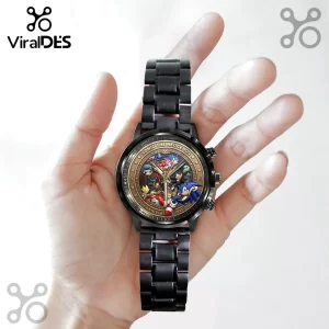 Sonic the Hedgehog 35th Anniversary black stainless steel analog watch held in a palm against a white background.!