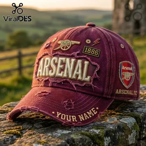 Maroon distressed baseball cap with embroidered Arsenal FC text, cannon logo, 1886 patch, and customizable name section.!