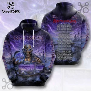 Iron Maiden hooded sweatshirt featuring Eddie with a birthday cake and Run For Your Lives tour dates in purple lightning.!