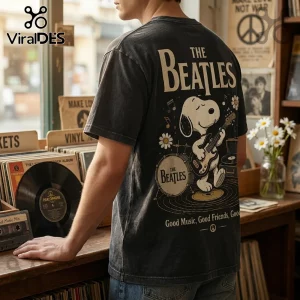 Black vintage-wash t-shirt featuring Snoopy playing guitar, The Beatles logo, and drum kit graphic on the back.!