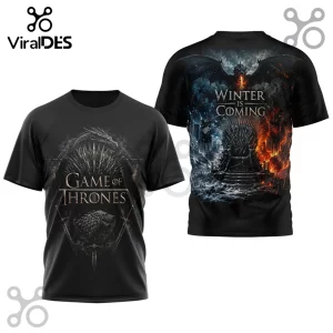 Black Game of Thrones graphic t-shirt featuring the Iron Throne, a dragon, and text reading Winter Is Coming.!